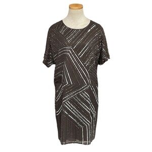 GREYLIN Dress Brown Beaded Short Sleeves Size Large
